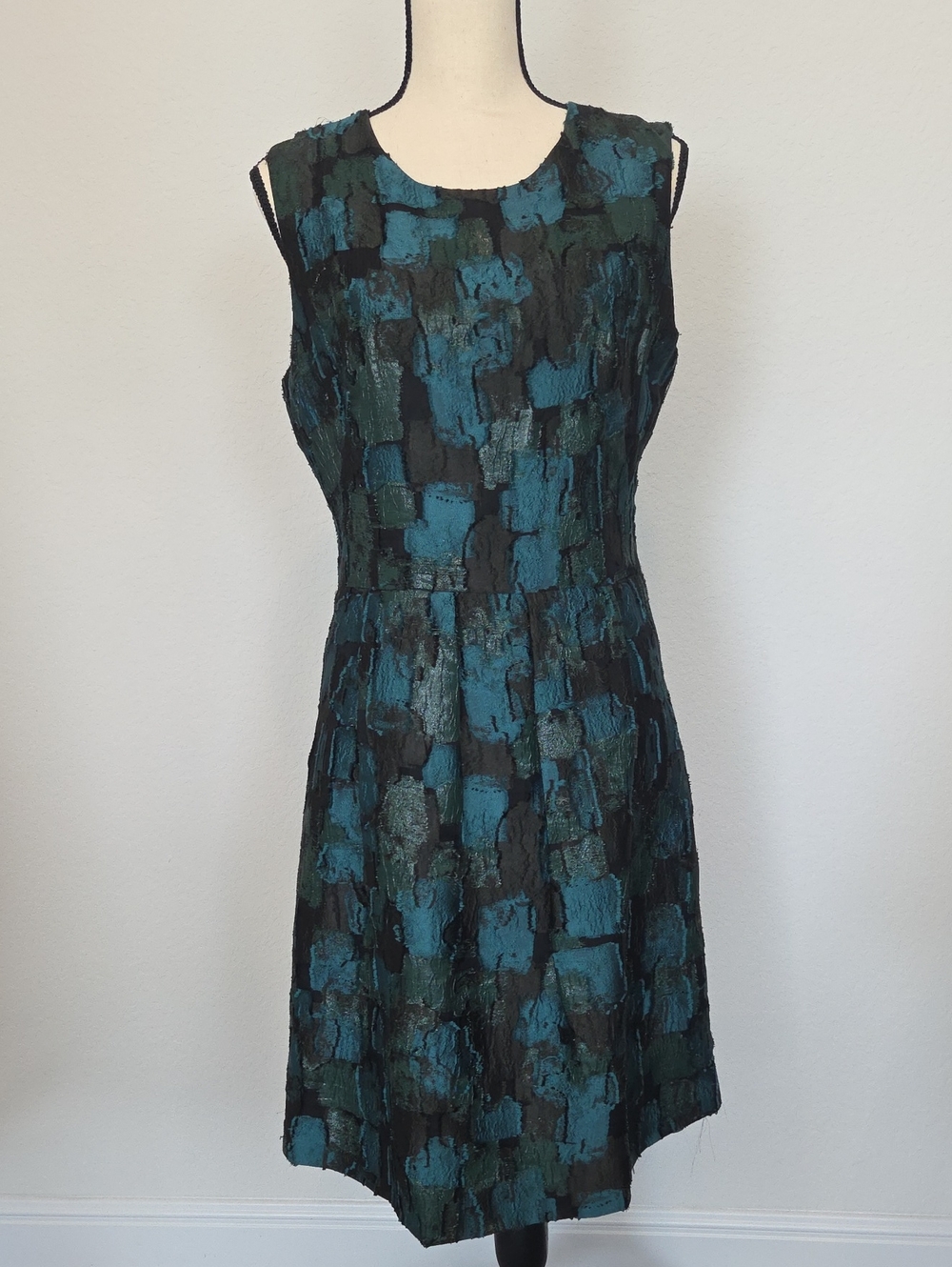 Lela Rose Teal & Black Textured Sleeveless Midi Dress